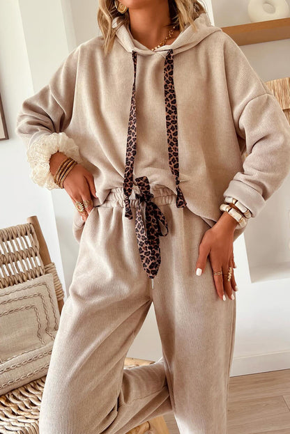Rose Tan Lace Drawstring Pullover Hoodie and High Waist Pants Corduroy Suit