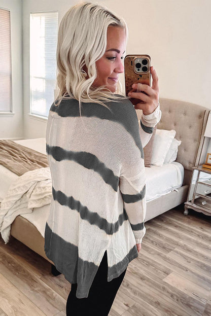 Tie Dye Striped Loose Knitted Long Sleeve Top with Slits - L & M Kee, LLC