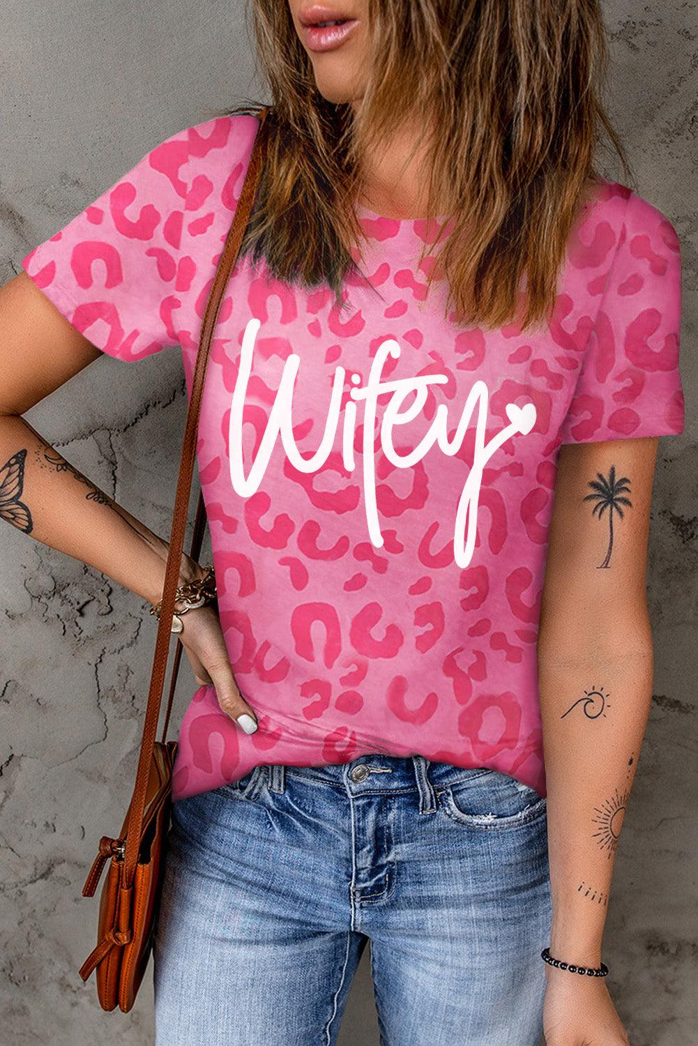 Leopard Wifey Heart Shape Round Neck T Shirt - L & M Kee, LLC