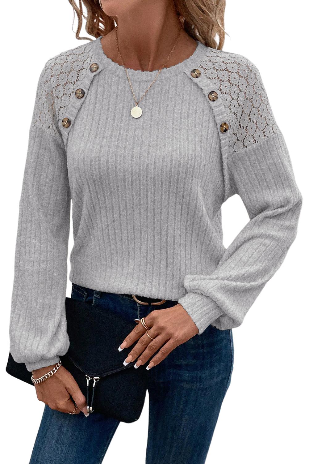 Gray Contrast Lace Raglan Sleeve Buttoned Ribbed Top - L & M Kee, LLC