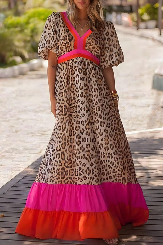 Bright Pink Leopard Colorblock Patchwork Bubble Sleeve Maxi Dress - L & M Kee, LLC