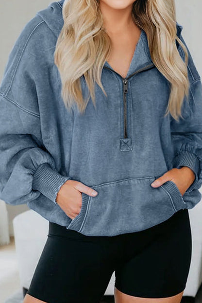 Black Half Zip Kangaroo Pocket Mineral Wash Baggy Hoodie