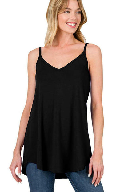 Black Spaghetti Strap V-Neck Flowy Tunic Tank Top - L & M Kee, LLC