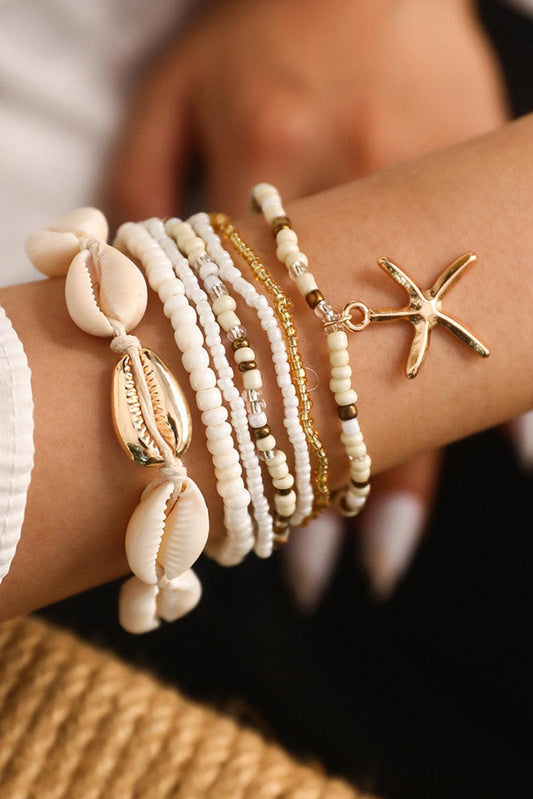 White 7pcs Bohemian Shell Starfish Beaded Bracelets - L & M Kee, LLC