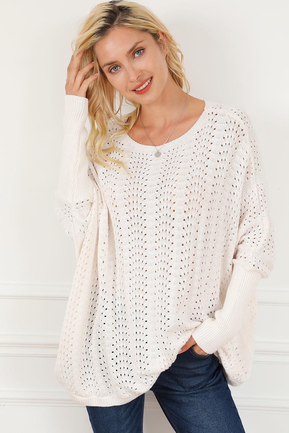 Beige Ribbed Hollow Knit Dolman Sleeve Sweater - L & M Kee, LLC