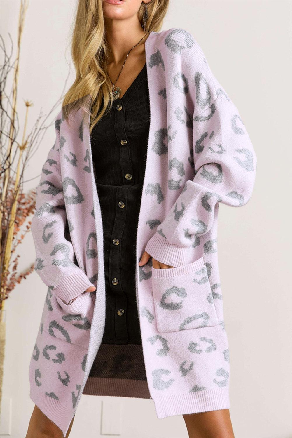 Pink Leopard Pocketed Open Front Long Cardigan - L & M Kee, LLC