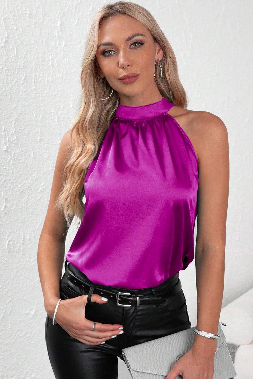 Bright Pink Halter Neck Keyhole Back Satin Vest - L & M Kee, LLC