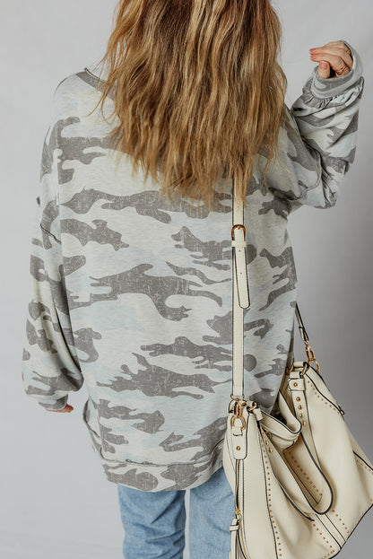 Brown Retro Camouflage Print Exposed Seam Patchwork Drop Shoulder Sweatshirt