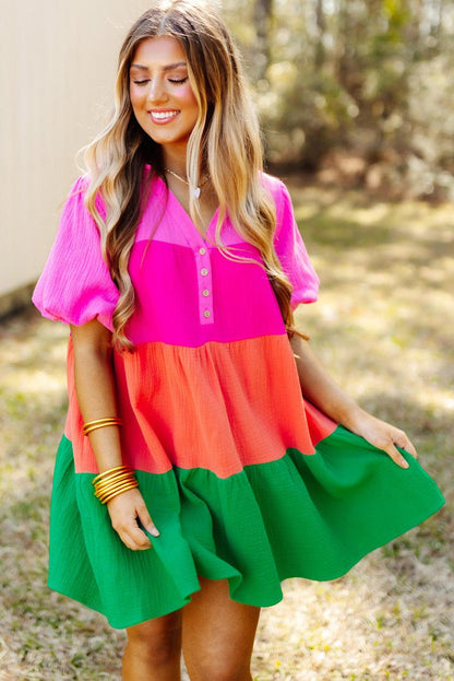 Multicolor Color Block Tiered Puff Sleeve Dress - L & M Kee, LLC