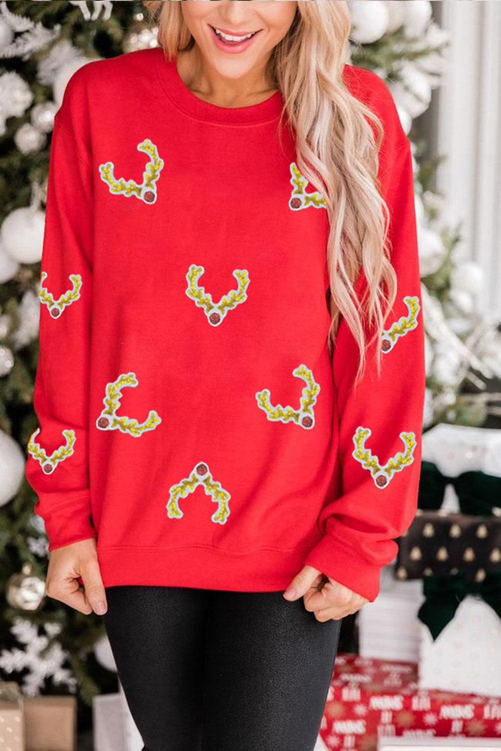 Red Christmas Deer Horn Patched Graphic Sweatshirt