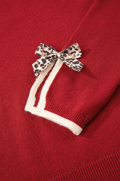 Racing Red Leopard Bow Decor Split Cuff Contrast Trim Sweater