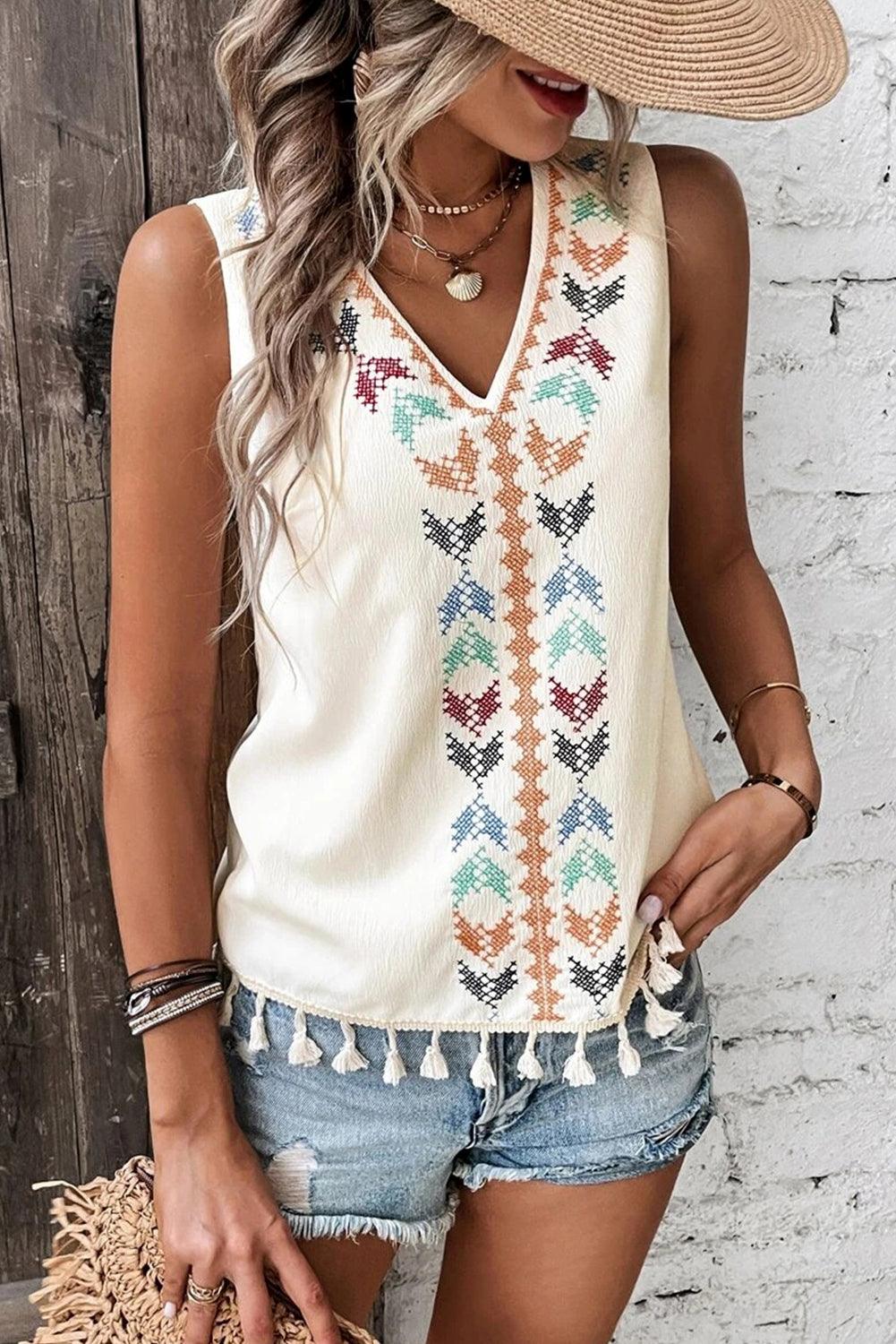 Apricot Geometric Tassel Accent V-Neck Tank Top - L & M Kee, LLC