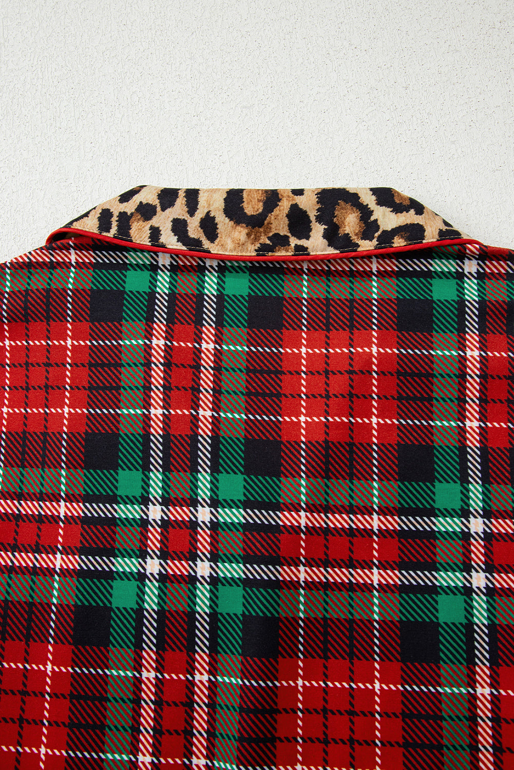 Racing Red Retro Plaid Leopard Print Patchwork Long Sleeve Shorts Pajama Set