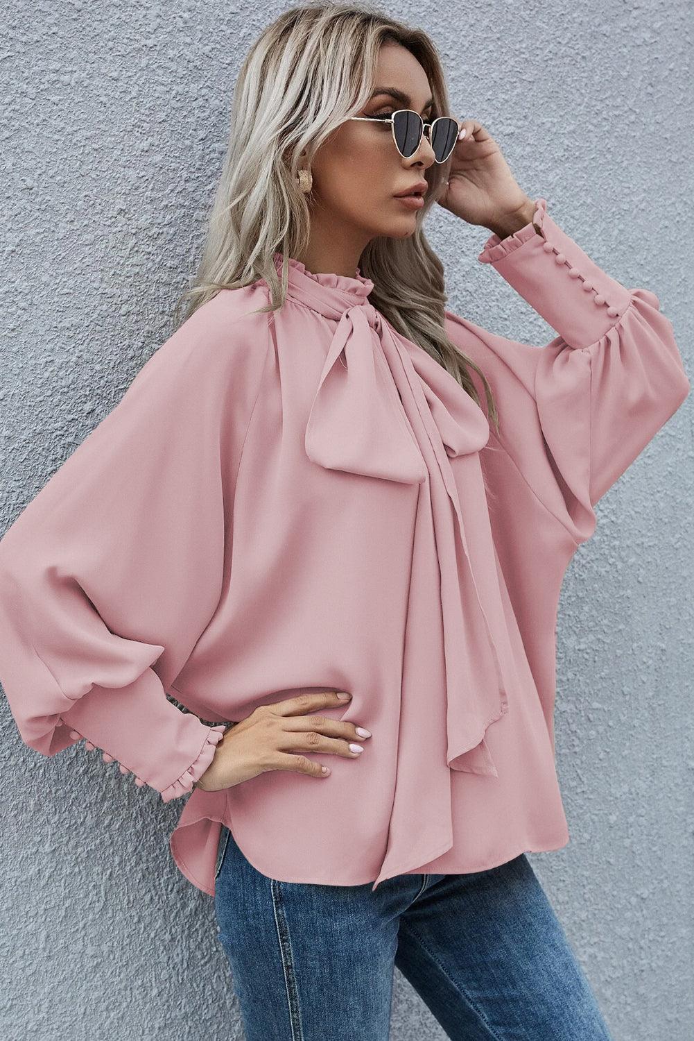 Pink Frilled Knotted Mock Neck Bishop Sleeve Blouse - L & M Kee, LLC