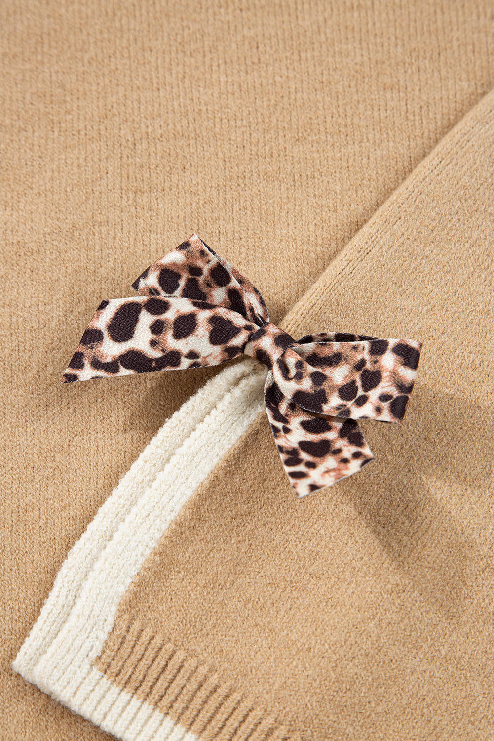 Tan Leopard Bow Decor Split Cuff Contrast Trim Sweater