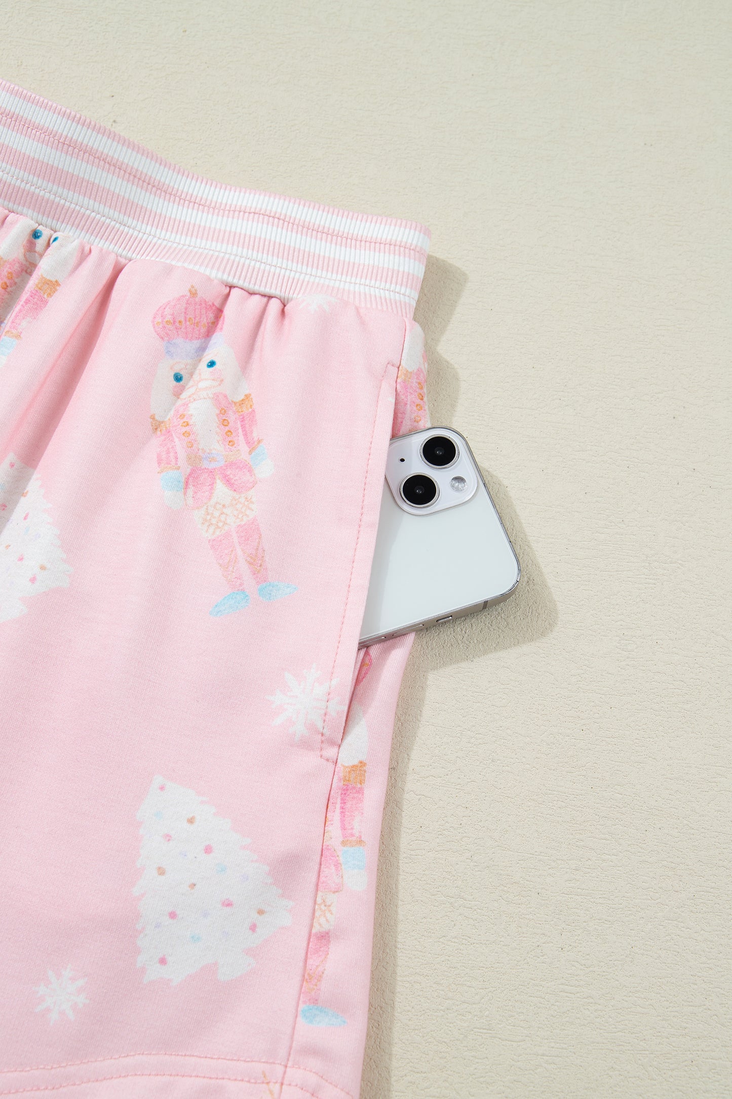 Pink Christmas Tree Nutcracker Doll Print Contrast Trim Long Sleeve Top Matching Shorts Set