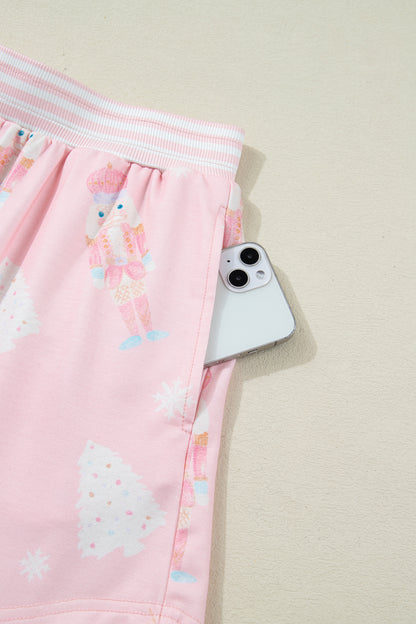 Pink Christmas Tree Nutcracker Doll Print Contrast Trim Long Sleeve Top Matching Shorts Set