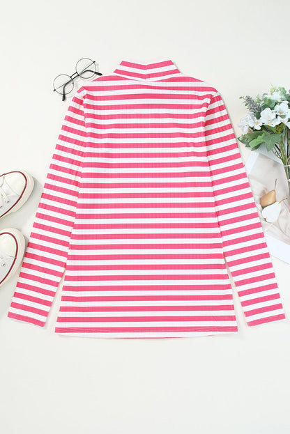 Strawberry Pink Striped Print Textured Knit Long Sleeve Tee - L & M Kee, LLC