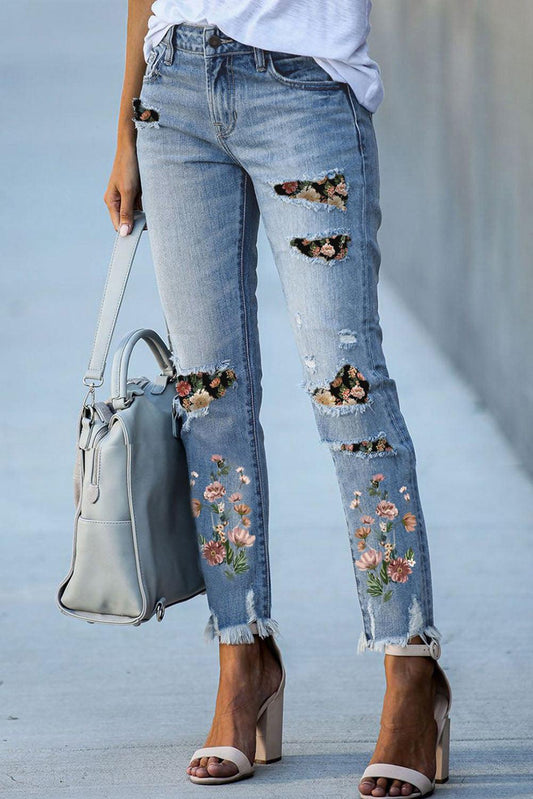 Printed Patch Ripped Skinny Jeans - L & M Kee, LLC