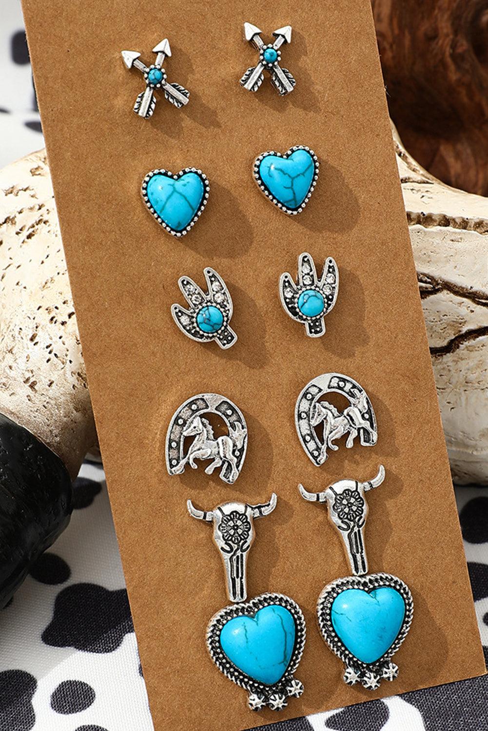 Silvery 6 Pairs Western Turquoise Alloy Stud Earrings - L & M Kee, LLC