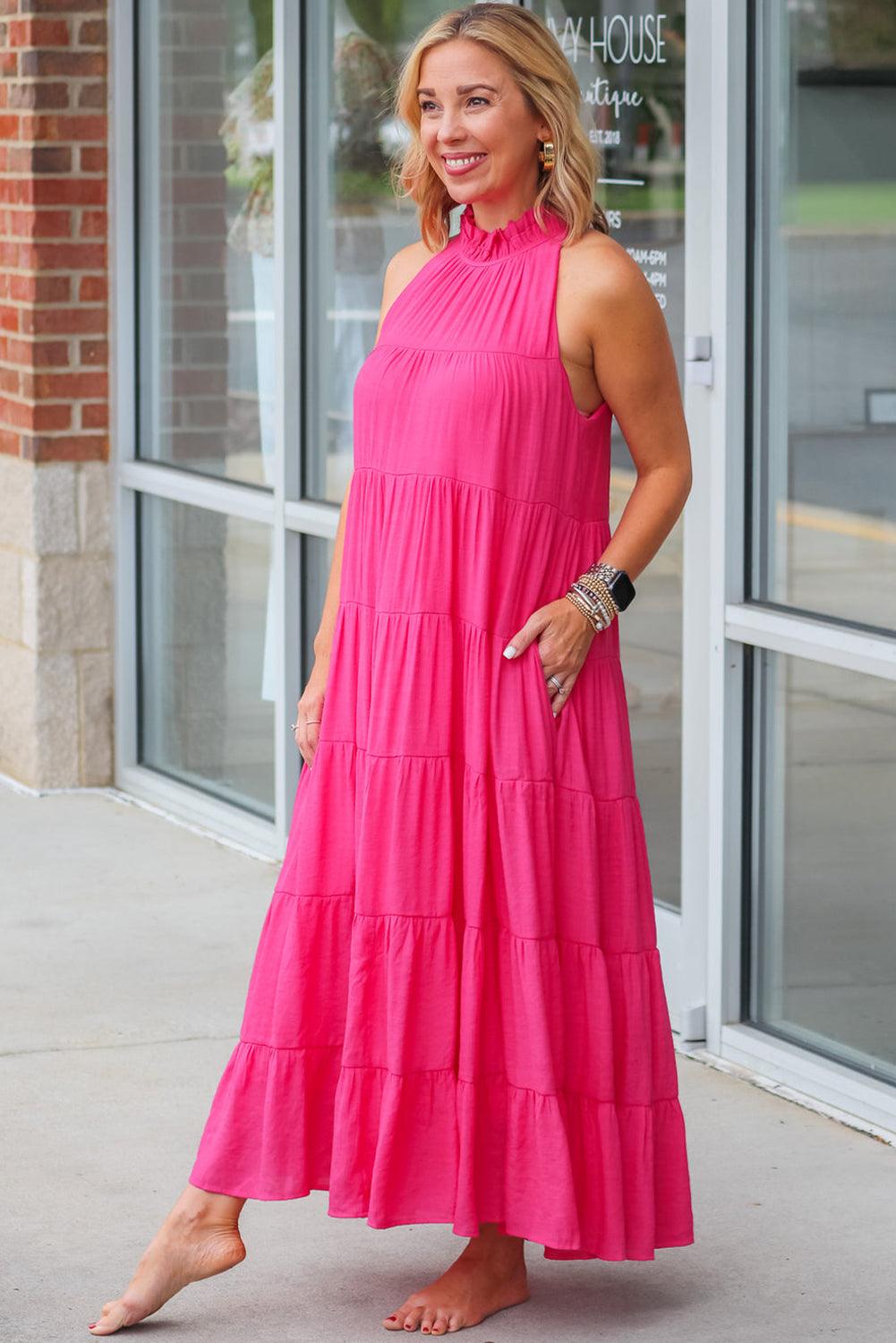 Rose Red High Frilled Neck Tiered Sleeveless Maxi Dress - L & M Kee, LLC