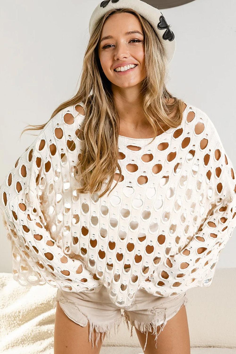 Beige Hollow-out Eyelet Knit Sweater - L & M Kee, LLC