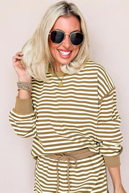 Black Stripe Textured Drop Shoulder Pullover Top Drawstring Mini Skirt Two Piece Dress Set