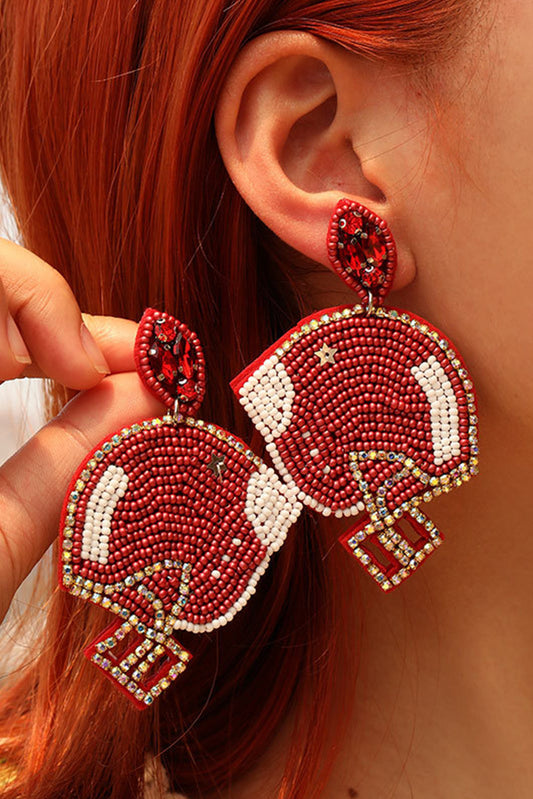 Fiery Red Game Day Rice Beaded Football Helmet Dangle Earrings