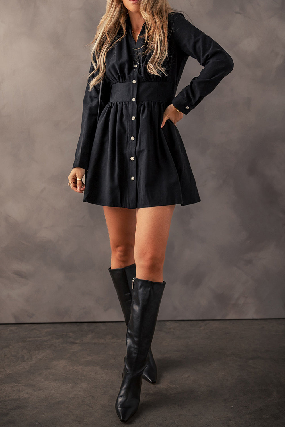 Black Elastic Cinched High Waist Long Sleeve Shirt Mini Dress