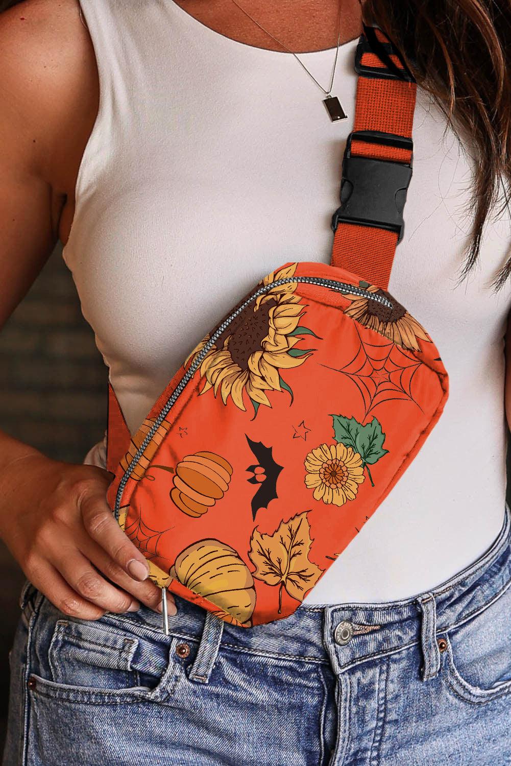 Orange Pumpkin Sunflower Halloween Graphic Crossbody Bag - L & M Kee, LLC