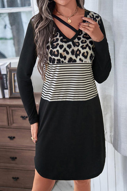 Black Leopard Striped Patchwork Long Sleeve T-Shirt Dress - L & M Kee, LLC