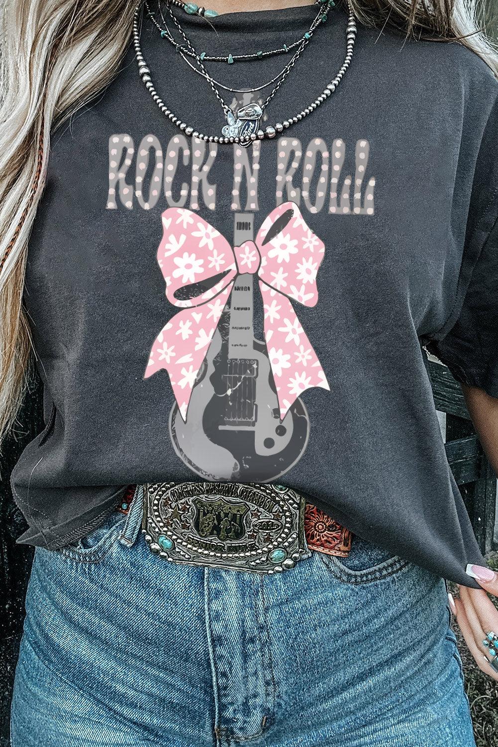 Black ROCK N ROLL Bowknot Guitar Graphic T Shirt - L & M Kee, LLC