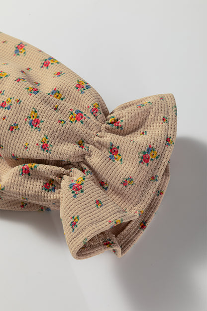 Oatmeal Boho Floral Plaid Patchwork Distressed Detail Ruffled Sleeve Waffle Knit Shacket