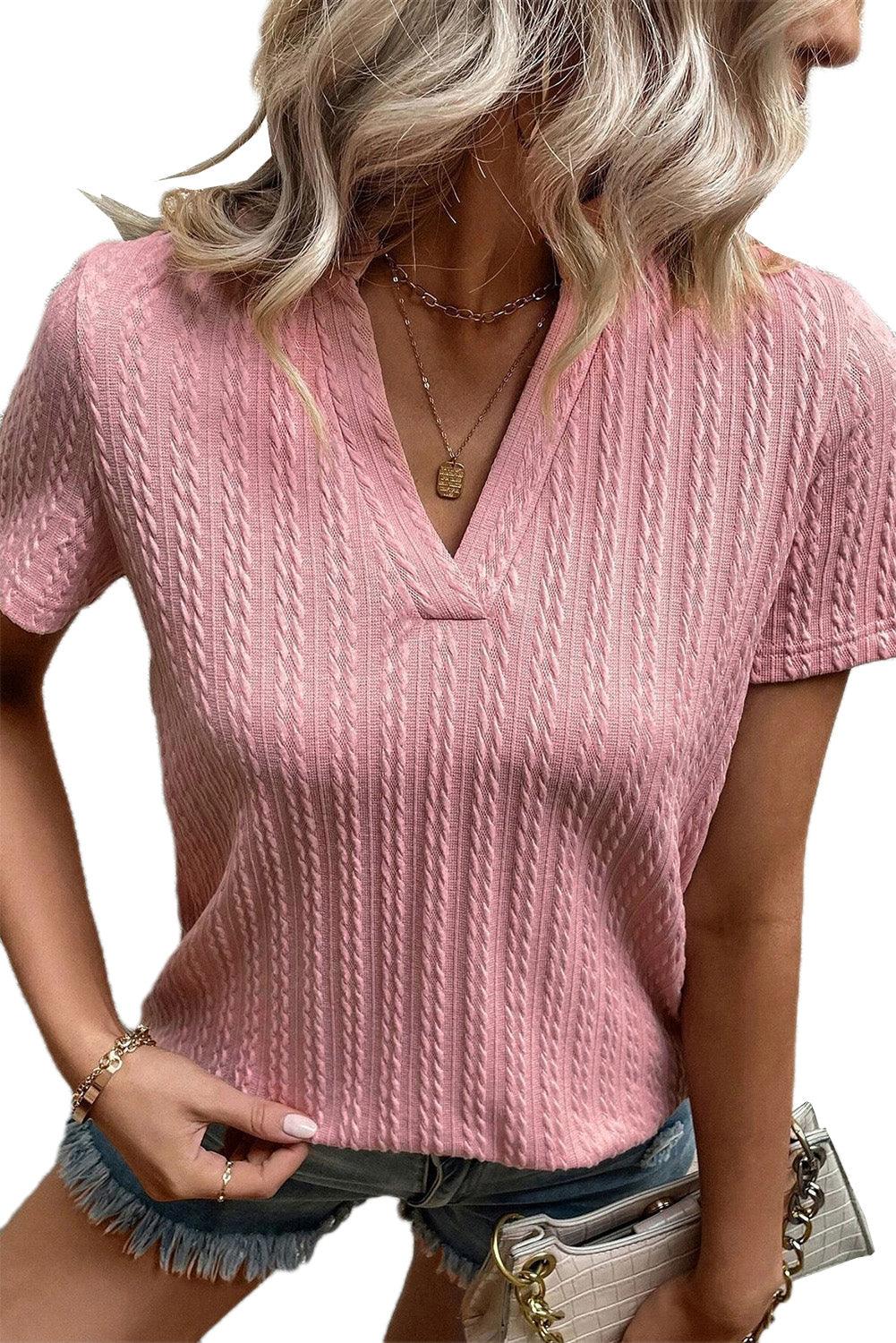 Pink Twisted Textured V Neck Short Sleeve Top - L & M Kee, LLC