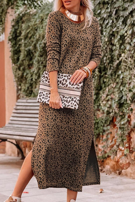 Round Neck Long Sleeve Split Dress - L & M Kee, LLC