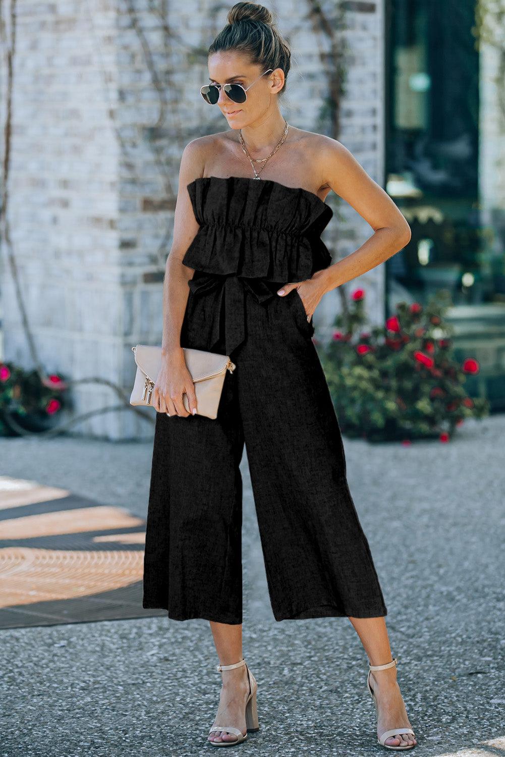 Beige Ruffled Strapless Wide Leg Jumpsuit - L & M Kee, LLC