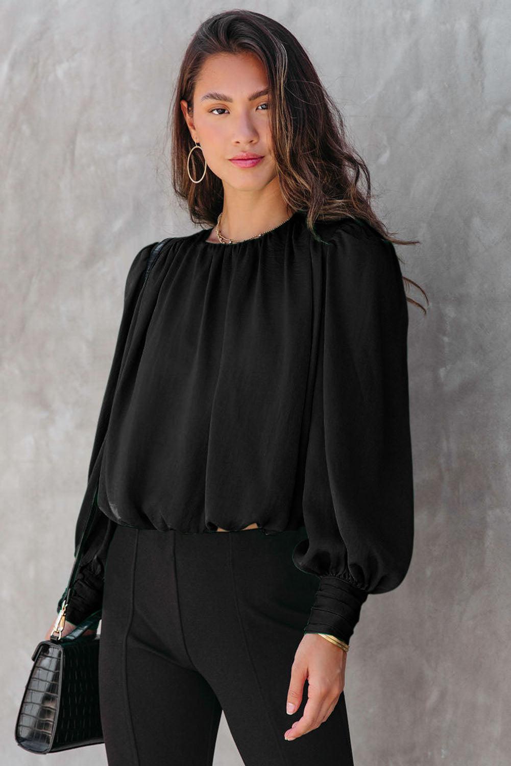 Black Padded Shoulder Buttoned Cuffs Pleated Loose Blouse - L & M Kee, LLC