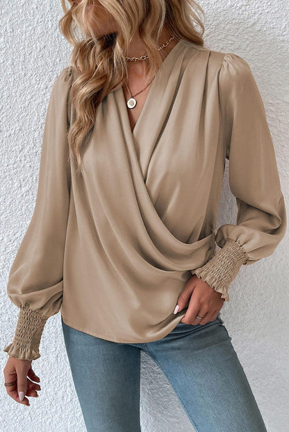 Black Solid Surplice Neck Shirred Cuffs Draped Blouse - L & M Kee, LLC