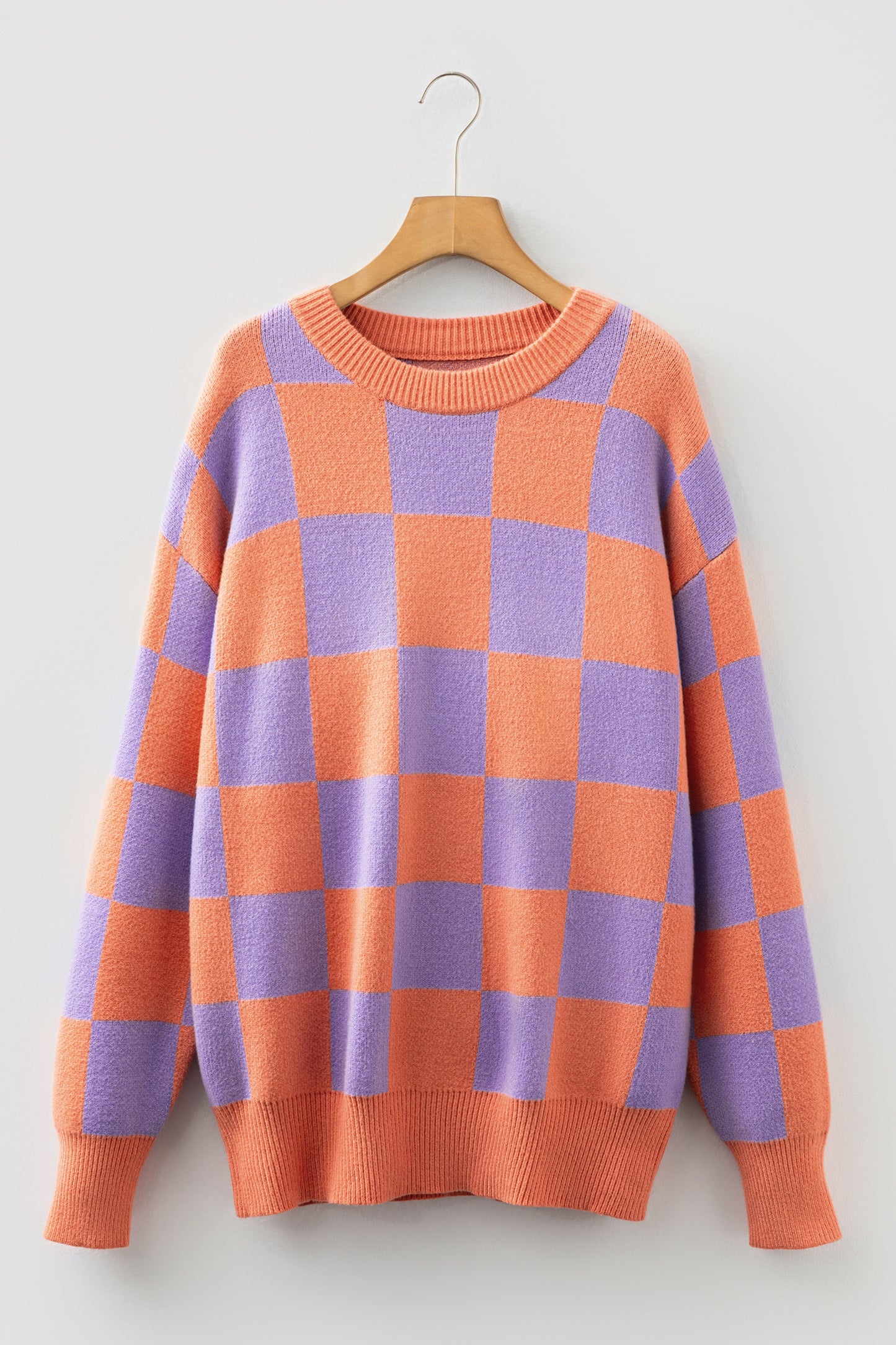 Grapefruit Orange Checkered Pattern Ribbed Trim Knit Baggy Sweater