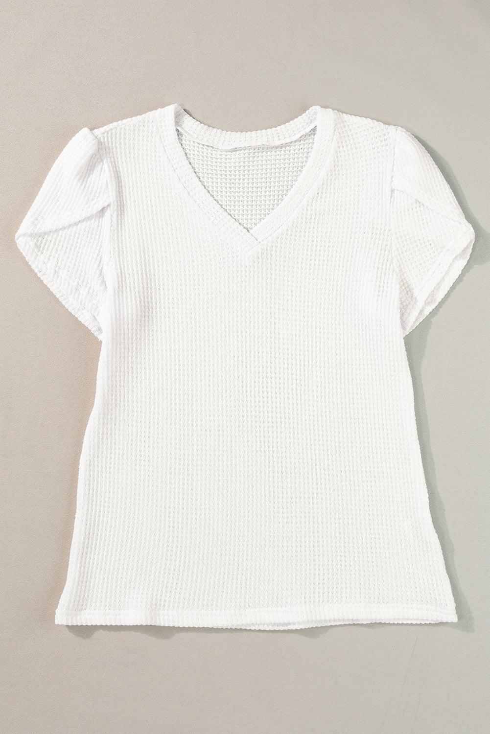 White V Neck Petal Sleeve Waffle Knit T-Shirt - L & M Kee, LLC