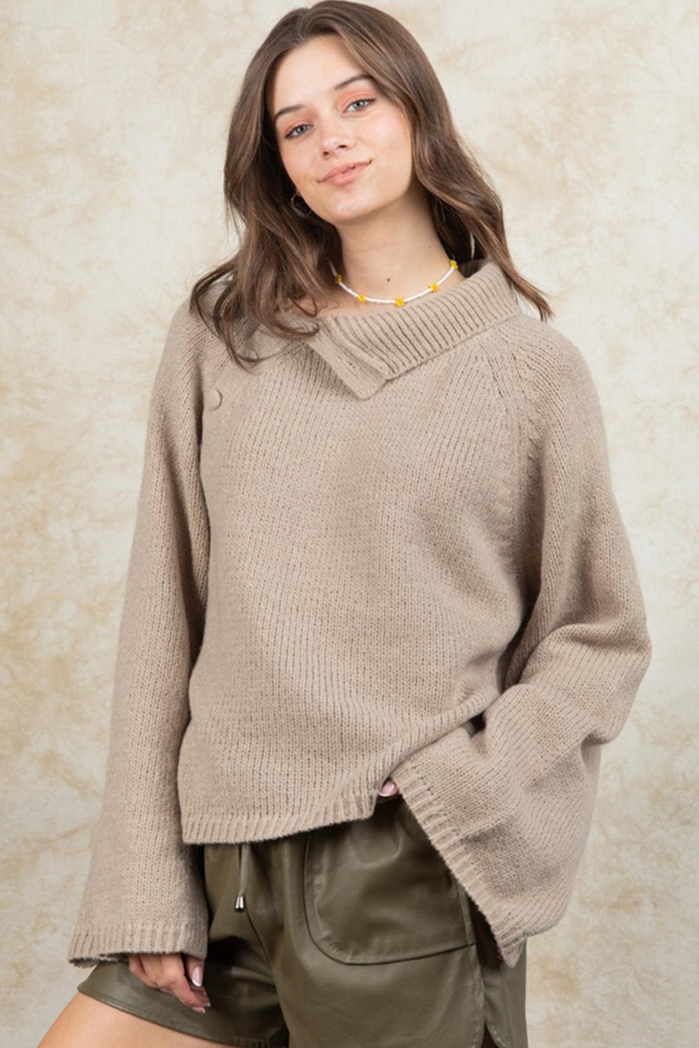 Smoke Gray Wide Sleeve High Neck Side Buttoned Sweater - L & M Kee, LLC