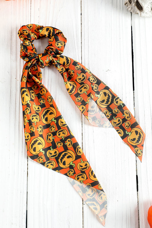 Orange Halloween Pumpkin Face Printed Satin Scrunch Hair Tie