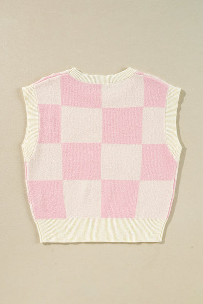 Pink Preppy Bow Detail Checkered Sweater Vest