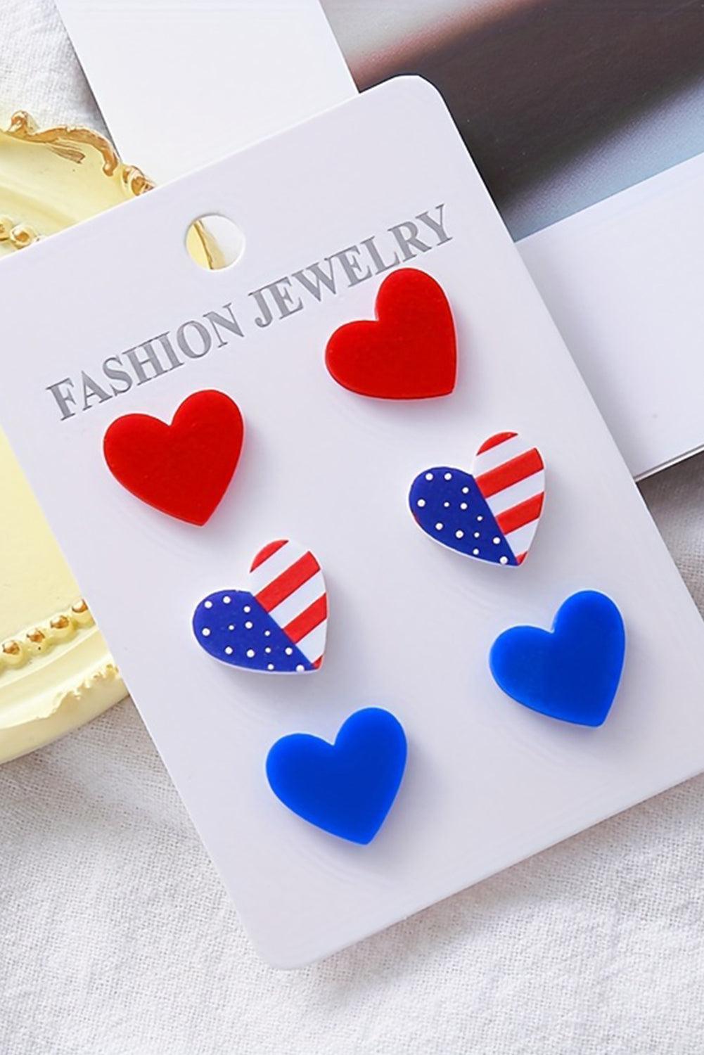 Fiery Red American Flag Print Heart Shape Stud Earrings Set - L & M Kee, LLC