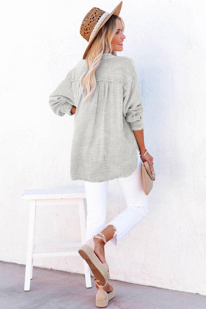Gray Crinkle Textured Loose Henley Top - L & M Kee, LLC