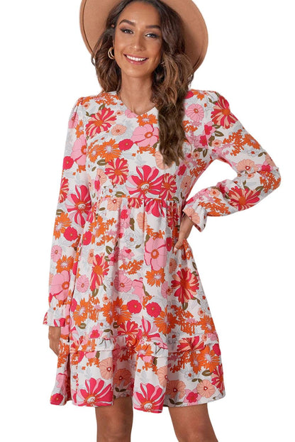 Multicolor Floral V Neck Long Sleeve Skater Dress - L & M Kee, LLC