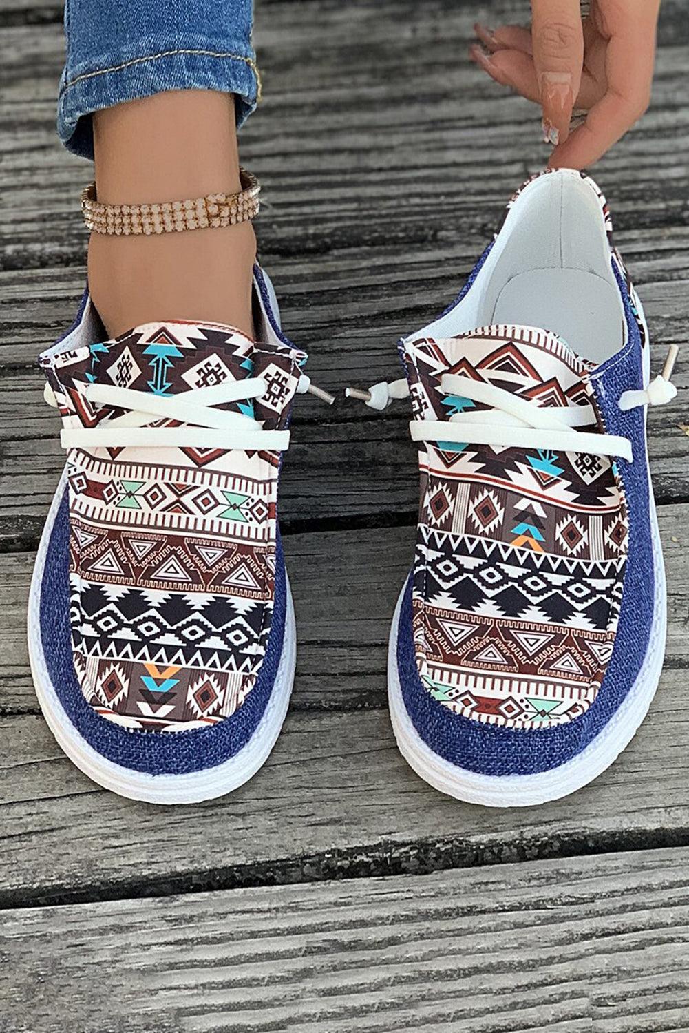 Ashleigh Blue Vintage Aztec Patchwork Lace-up Decor Flat Shoes - L & M Kee, LLC