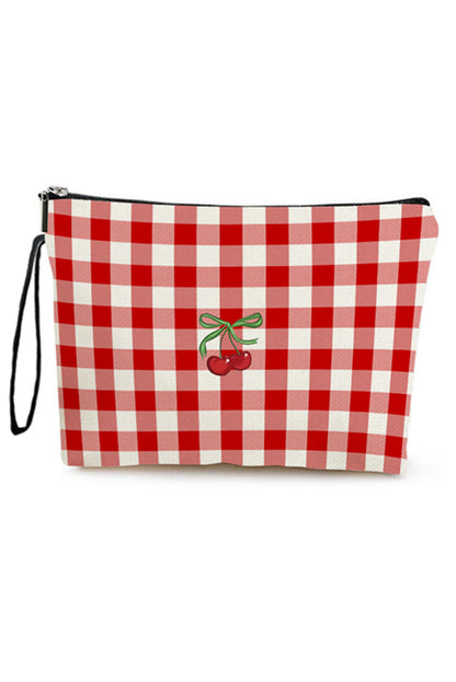 Fiery Red Cherry Plaid Print Wristlet Zipper Canvas Makeup Bag