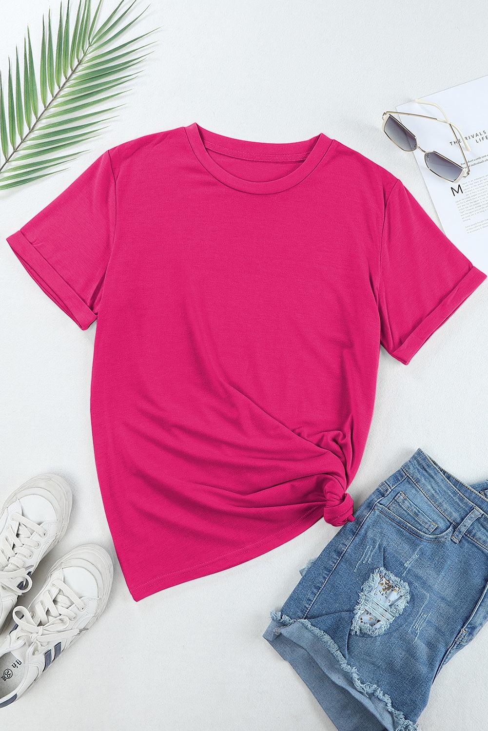 Rose Red Casual Plain Crew Neck Tee - L & M Kee, LLC