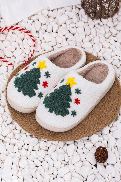 White Fuzzy Christmas Tree Pattern Home Slippers - L & M Kee, LLC